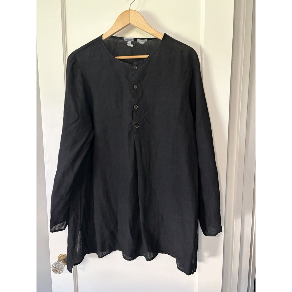 CP Shades Pure Irish Linen Tunic Top Medium Black Long Sleeve Henley Relaxed Fit